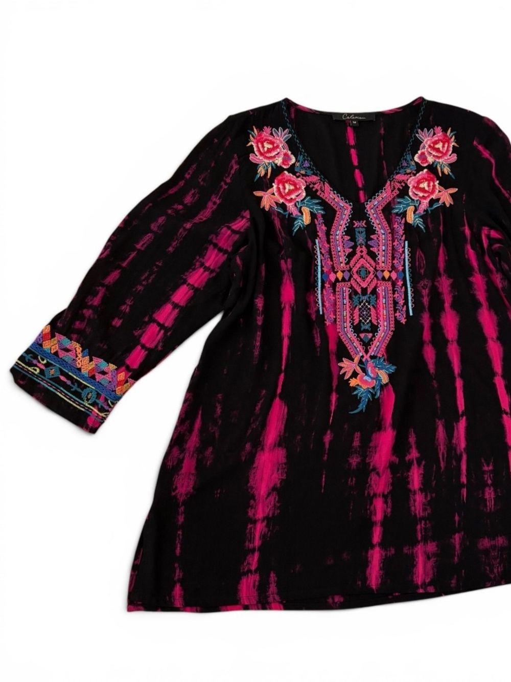 Pink Embroidered Tunic Top Boho Tie Dye